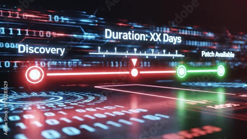 Futuristic digital graphic showcasing vulnerability lifecycle, binary code, and neon highlights