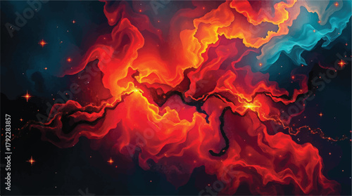 Vibrant cosmic nebula with swirling clouds of red, orange, and blue hues against a dark starry background, evoking a sense of wonder and exploration of the universe