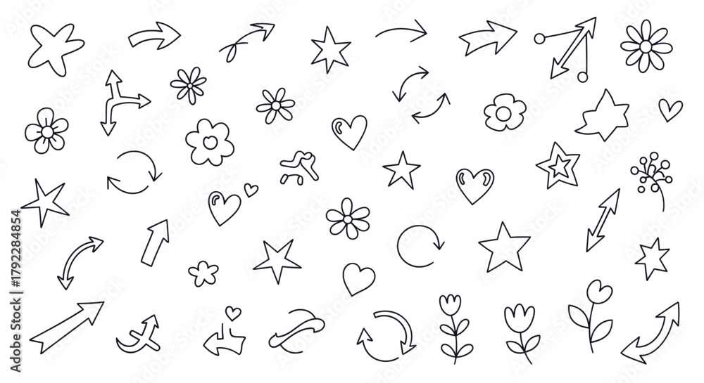 Fototapeta premium A collection of hand-drawn doodle elements including arrows, stars, flowers, and hearts, arranged in a scattered pattern on a white background.