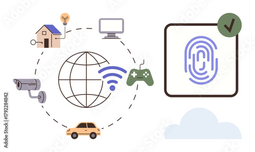 Globe connected to devices, camera, smart home, car, gaming controller, computer via wireless fingerprint scan symbolizing biometric security. Ideal for technology, communication, innovation