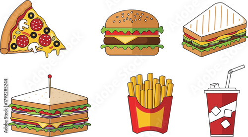 A colorful assortment of fast food items, including pizza, burgers, sandwiches, fries, and soda.
