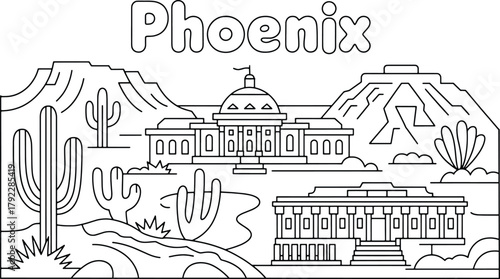 Phoenix arizona skyline line art illustration featuring desert landscape and famous architectural landmarks