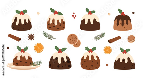 Christmas Pudding Set Flat Vector Illustration Holly Orange Cinnamon Spice Food Decor