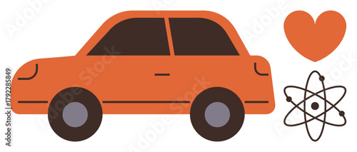 Orange car with a heart and atomic orbit, conveying sustainability, innovation, science. Ideal for automotive, environment, energy, green mobility innovation future technology renewable concept. A