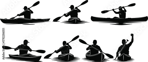 Canoe and paddle boat water sport adventure silhouette set