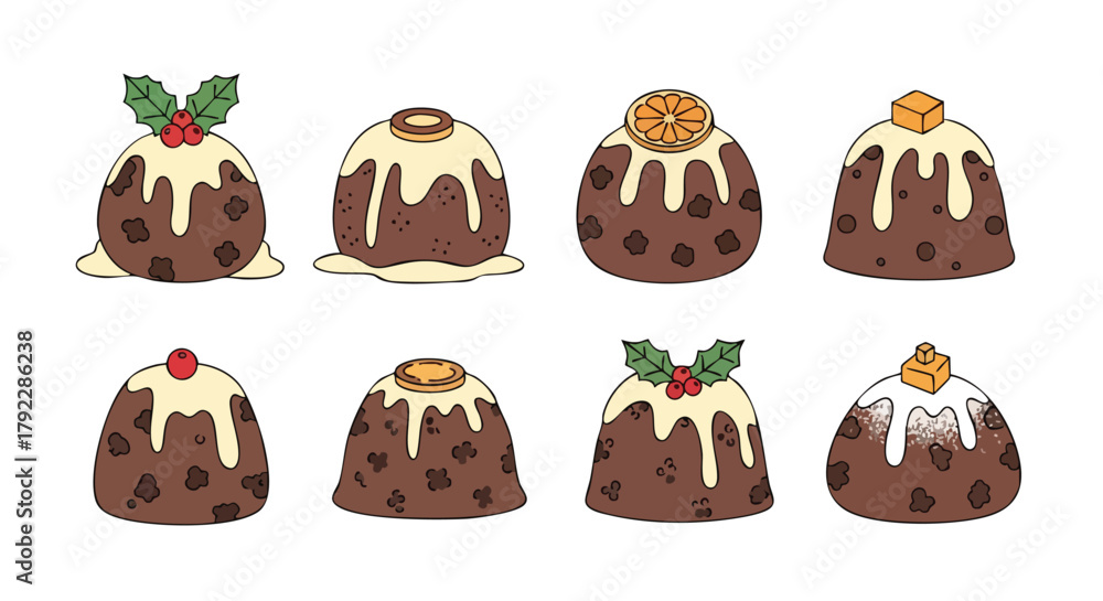 Fototapeta premium Christmas Pudding Set Outline Vector Illustration Holly Orange Dessert Food Icon