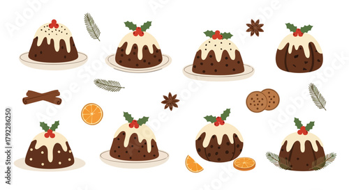 Pudding Set Vector Illustration Dessert Holly Orange Cinnamon Spice Decor