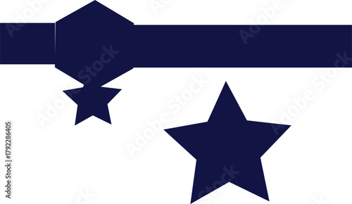 The image features a collection of deep blue geometric shapes set against a clean white background. The central element is a long, horizontal rectangle. Perched directly on top of this 