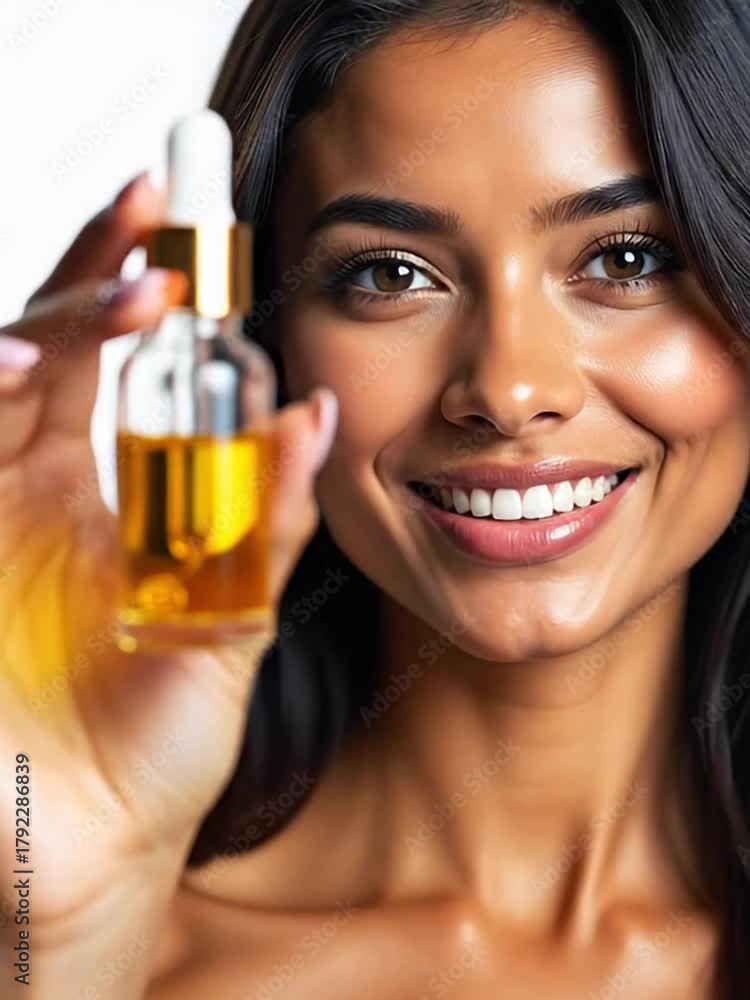 Smiling young woman with long dark hair holding a glass dropper bottle of facial oil. She has a radiant complexion and is showcasing skincare products.