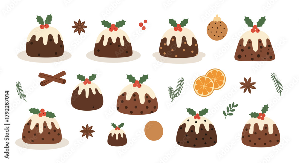 Obraz premium Christmas Pudding Big Set Vector Illustration Holly Orange Cinnamon Spice Food Decor