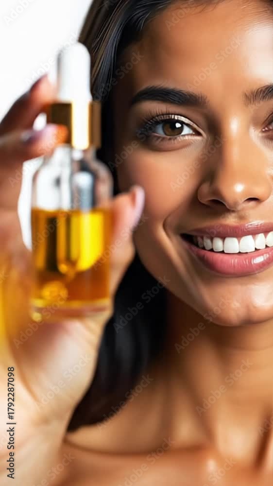 Smiling young woman with long dark hair holding a skincare serum bottle. She has a radiant complexion and is showcasing her healthy skin.