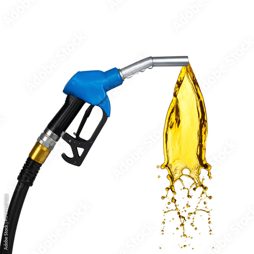 Fueling the Future: A close-up view captures the essence of fuel, as a vibrant splash of oil bursts from a fueling nozzle. a powerful symbol of energy and transport
