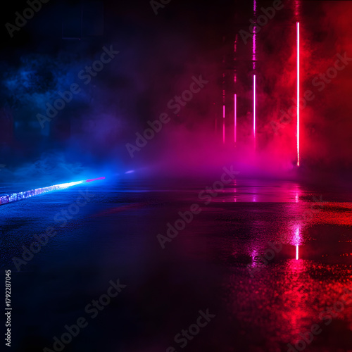 A dramatic scene with colorful smoke effects in red and blue, creating an atmospheric backdrop.