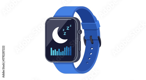 A bright blue smartwatch displays sleep tracking data with a crescent moon icon.