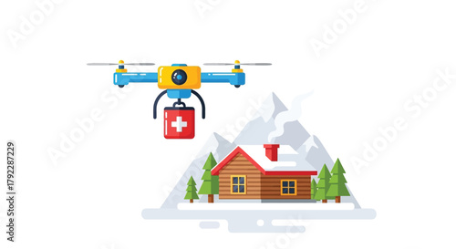 A drone delivers a medical kit to a snow-covered house in the mountains.