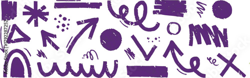 The image features a collection of hand-drawn doodle elements primarily in purple against a white background. These doodles include various geometric shapes like triangles, circles, and 