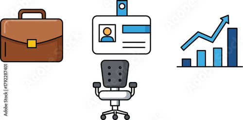 Business icons of a briefcase, ID badge, office chair, and growth chart.