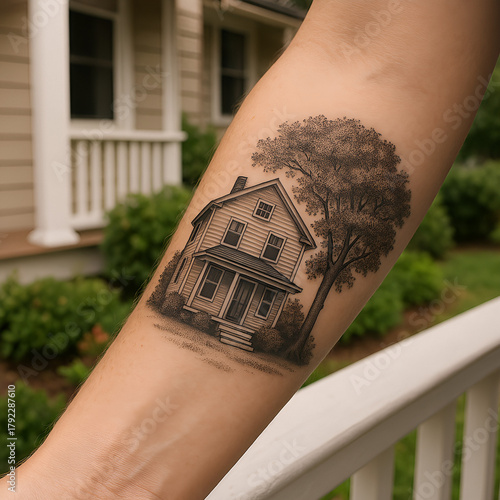 A close-up shot of a person's forearm with a beautiful, detailed tattoo of a classic family house with a tree next to it