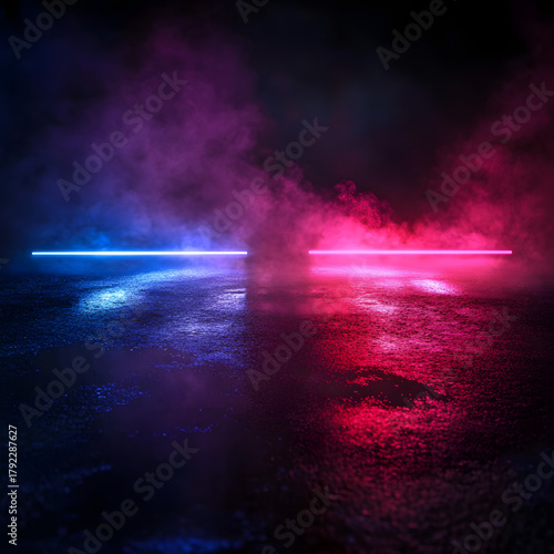 A dramatic scene with colorful smoke effects in red and blue, creating an atmospheric backdrop.