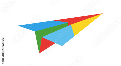 A colorful paper airplane made of red, yellow, blue, and green segments is shown against a white background.