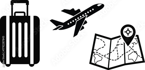 Travel icons featuring a suitcase, airplane, and map with a pin.