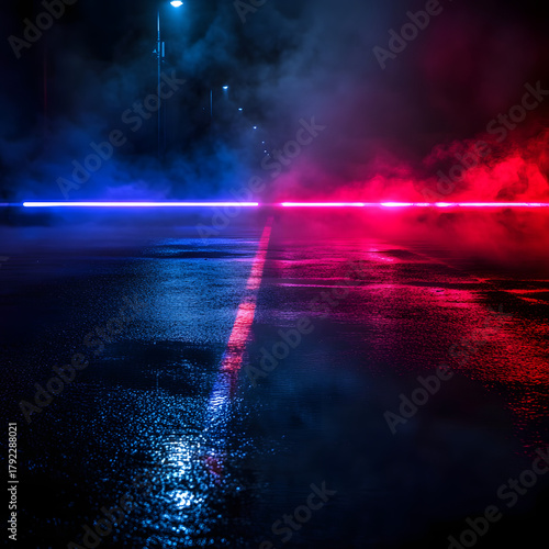 A dramatic scene with colorful smoke effects in red and blue, creating an atmospheric backdrop.