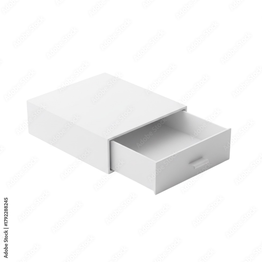 Fototapeta premium Blank white sliding drawer box partially open on transparent background