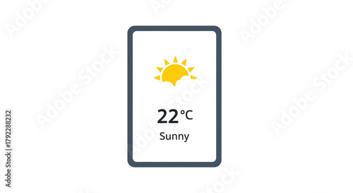 A digital device displays a sunny weather forecast with a temperature of 22 degrees Celsius.