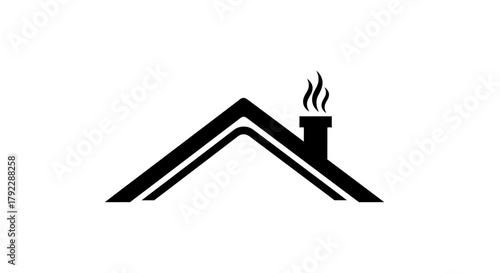 A simple black and white illustration of a house roof with smoke coming from the chimney.