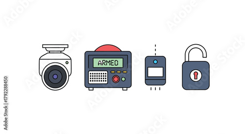 Security system components including a camera, alarm, remote, and unlocked padlock.