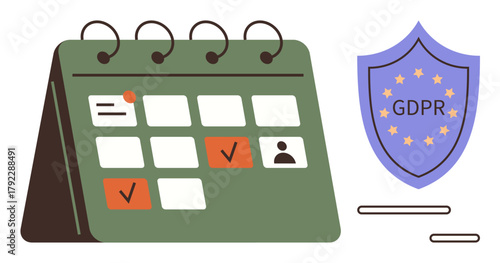 Desk calendar with marked dates alongside a GDPR shield badge. Ideal for compliance, schedule management, privacy, organization, data security, regulations, and corporate responsibility. Simple flat