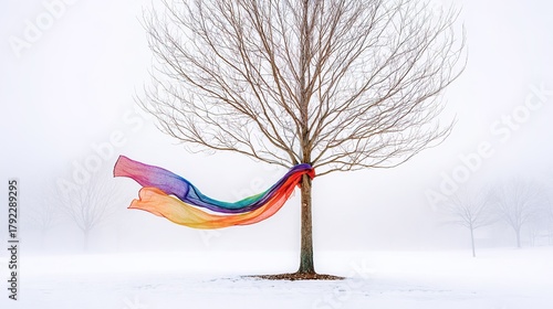 冬にリンゴの木に巻かれた虹色のスカーフ