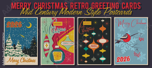 Merry Christmas Retro Greeting Cards. Mid Century Modern Style 1950s - 1960s Style Postcards, Merry Christmas Illustrations, Vintage Colors