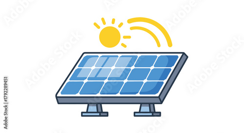 A solar panel captures sunlight, representing clean energy generation.