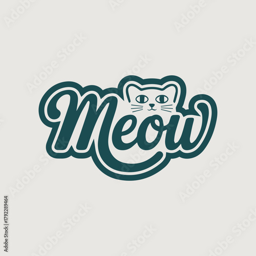 Cute Script Lettering Logo "Meow" with Cat Head Illustration