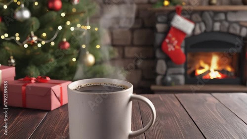 Cozy Christmas Morning Hot Drink with a Decorated Tree and Fireplace View. Seamless loop time lapse 4K background.