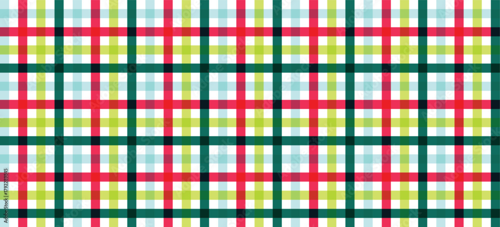 Fototapeta premium Bright and Modern Plaid Pattern Background in Festive Christmas Colors including Red, Lime Green, Aqua, and Forest Green for Fabric Design