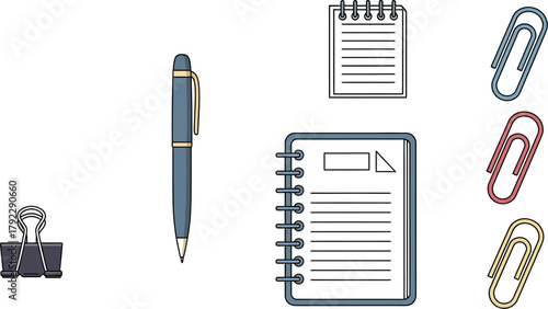 A collection of office supplies including a pen, notebooks, and paperclips is laid out.