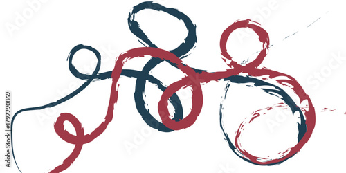 An abstract, raw, energetic composition of multiple intertwining, continuous, thick, brushstroke-like lines in distressed deep muted red and dark teal-blue, forming chaotic loops