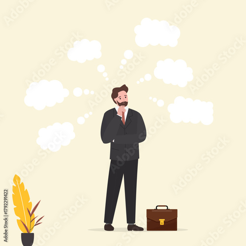 Businessman thinking with many thinking bubbles. Too many thinking ideas, overwhelmed issues or busy problem to be solved, contemplation solutions for troubles.
