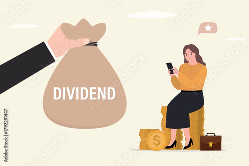 Getting dividend from investment. Businesswoman receives bag of dividend money. Giant hand give money bag. Successful investment,  smart woman trader with profit.