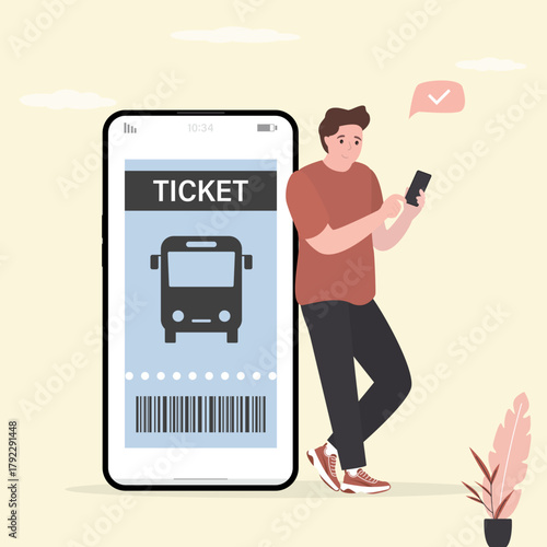 Bus ticket in mobile app onboarding screens. Online reservation and purchase tickets. Male character uses smartphone for reservation bus pass.