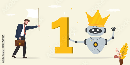 Robot winner and human loser. Cyborg with AI holds number One. Best chat bot in crown. Superiority of AI and neural networks over humans.