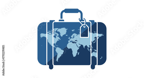 A blue suitcase with a world map design represents travel and global exploration.