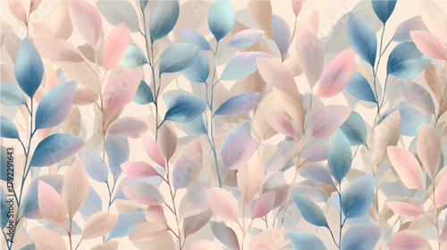 Botanical pattern with soft pastel leaves creating an elegant decorative background, featuring blue, pink, and subtle beige foliage gently layering across the frame in a seamless, artistic design