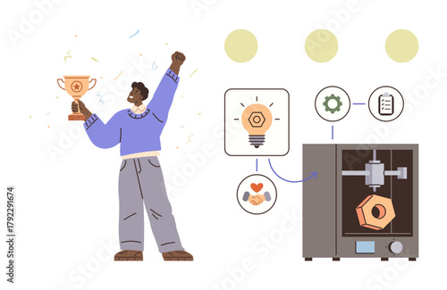 Man raising trophy, symbolizing innovation and achievement, next to blueprint of idea-to-3D-print process. Ideal for innovation, success, creativity, invention, technology, achievement simple flat