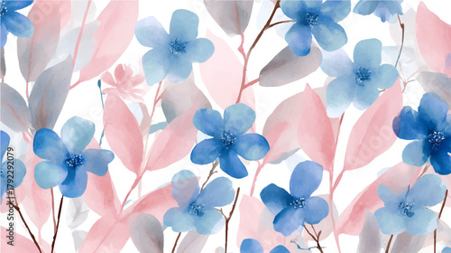 Seamless botanical pattern displaying blue watercolor flowers and soft pink leaves, creating a vibrant and cheerful spring and summer background design