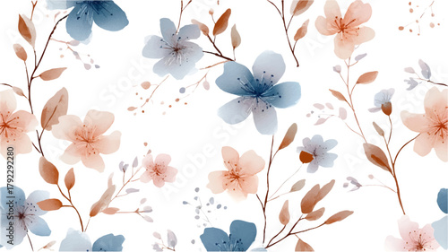 Floral watercolor seamless pattern with delicate blue and peach flowers and autumn leaves on a branch, creating a gentle and aesthetic botanical background design