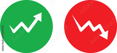 Green circle with upward trending graph red circle with downward trending graph chart