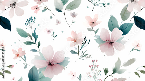 Delicate watercolor petals blooming on spring foliage, creating a seamless floral pattern for textiles and tranquil decorative backgrounds, evoking a sense of calm and natural beauty